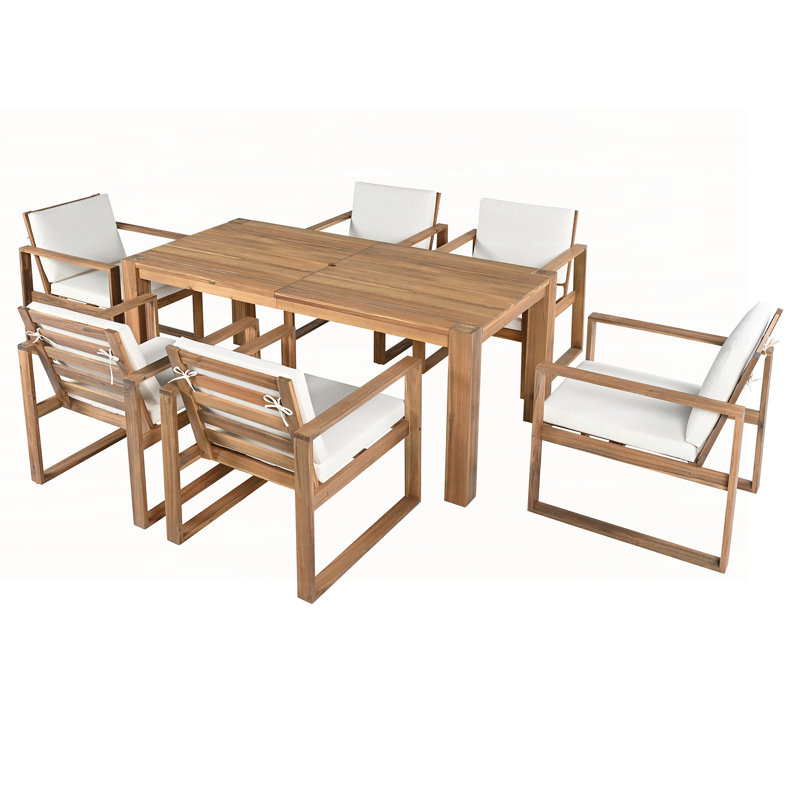Ensemble de salle à manger rustique en bois d'acacia pour 6 personnes avec trou pour parasol, coussins confortables et fabrication durable pour l'extérieur