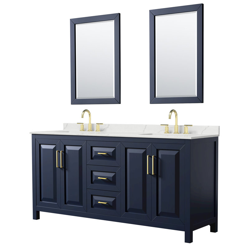 Daria 72'' W Vanity, White Quartz, Blue, Brushed Gold