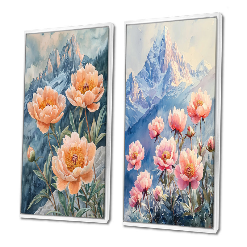 Pivoines et le sommet de la montagne I - Collection d'art mural floral 2 panneaux, H 28 po x l 25 po, Cadre flottant blanc