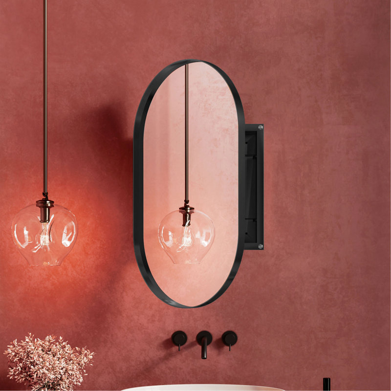20X34 Inch Oval Recessed Medicine Cabinet, Metal Framed Bathroom Wall Cabinet With Mirror And Adjustable Shelves, Wall Mirror With Storage For Bathroom