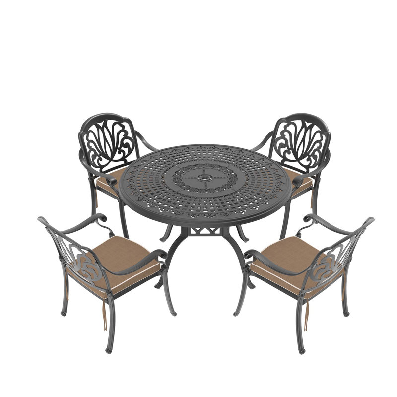 5-Piece Set Of Cast Aluminum Patio Furniture With Brown Cushions, 28.35" H x 39.37" W x 39.37" D, 4