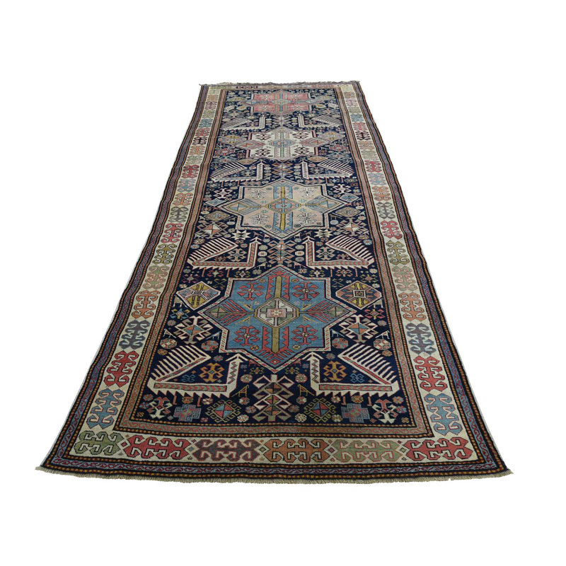 Tapis à main one-of-kind-noué la bleu/noir/brun 4 pi x 10 pi 4 po Puig