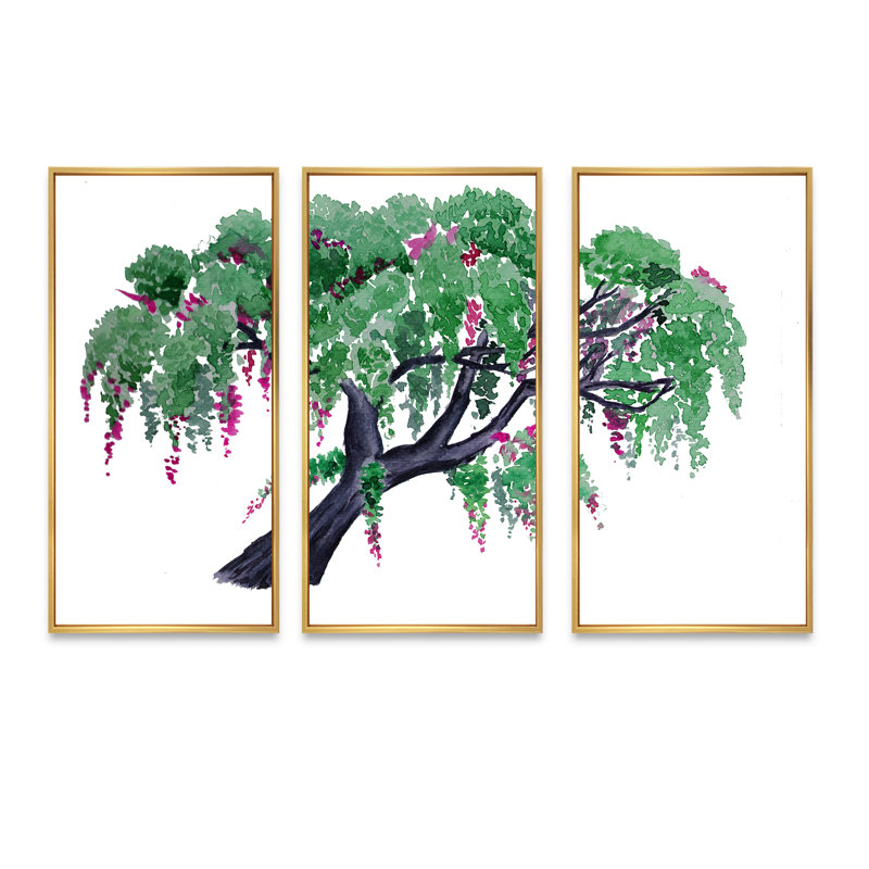 Tree of Wisteria - 3 pièces, peinture sur toile à cadre flottant, H 32 po x l 48 po x P 1 po, Encadrement doré