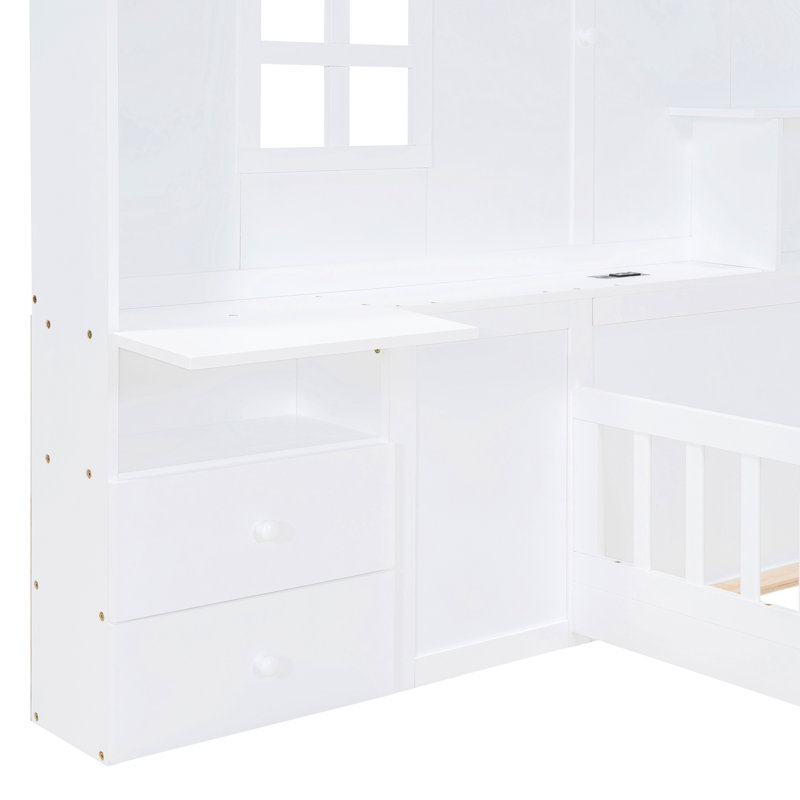 Lit simple blanc avec fenêtre, tablettes, tiroirs et lit Sweet Space, blanc, détails de fenêtre, rangement de tiroir, tablettes et