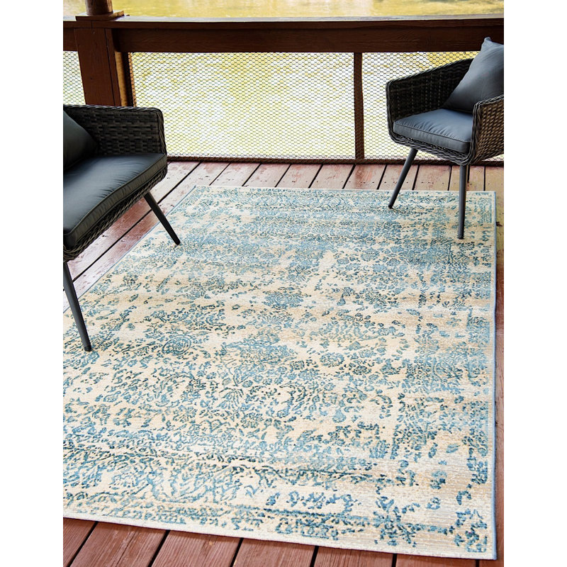 Tapis bleu tissé à la machine Veranda, Rectangle 8 p x 11 pi 4 po