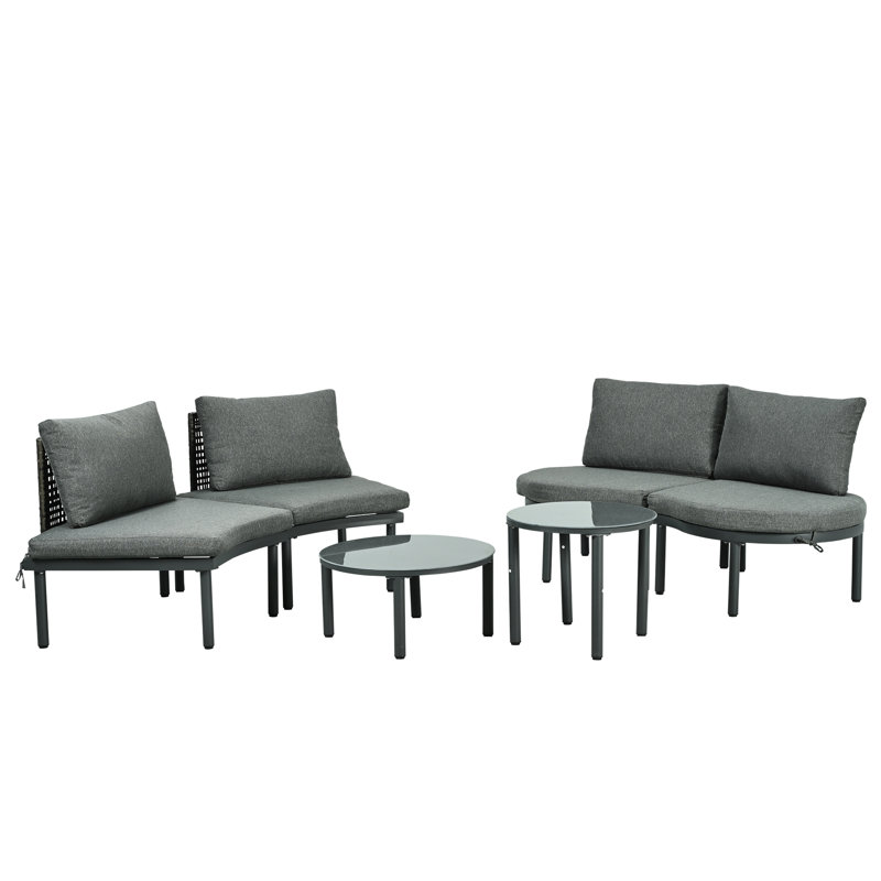 6 - Piece Outdoor Furniture : Half Moon Sectional With 2 High Low Round Coffee Tables, Pe , Tempered Glass, 4 Comfort Focused Pillows For Backyard Retreat Group , Removable Cushions Poolside Lounge