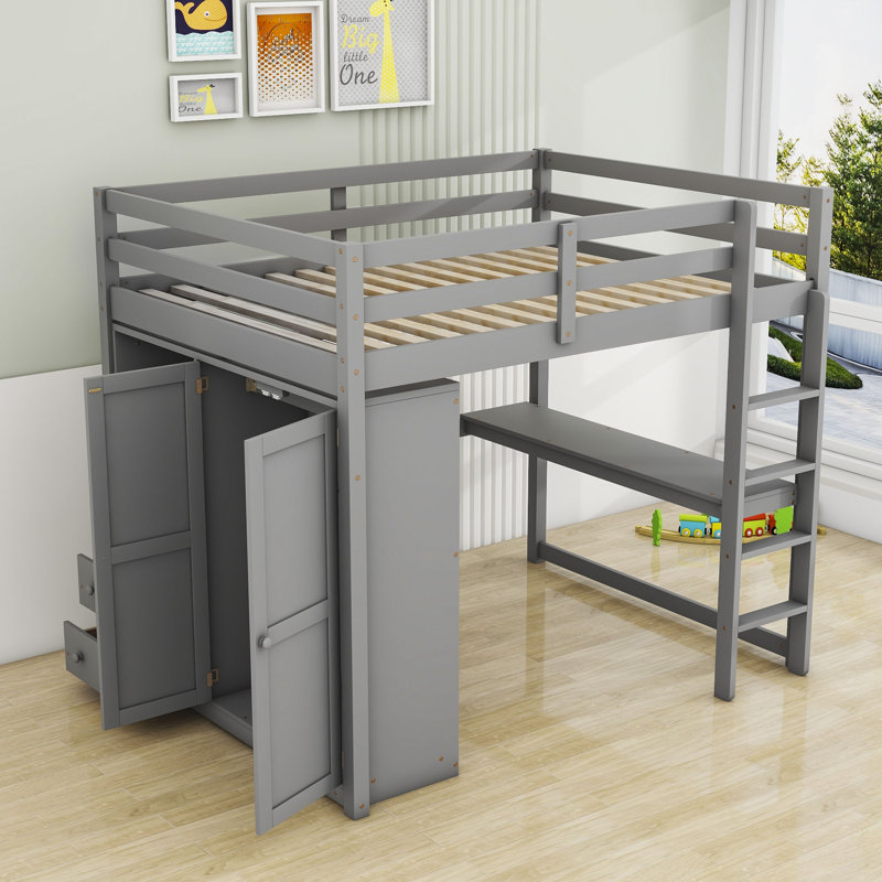 Jayoti Full Size Wood Loft Bed With Wardrobe And Desk, Drawers, Gray