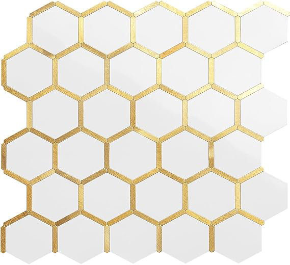 10 tuiles de dosseret hexagonales à peler et à coller blanc poli avec or mélangé pour la cuisine, Blanc / Doré