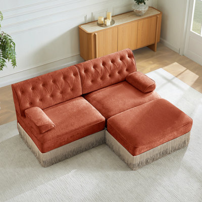 Tissu de velours confortable en L respirant, canapé Chesterfield à jupe de pampille, combinaison libre, accoudoirs carrés légèrement courbés, base en bois de qualité supérieure, facile à assembler, pour le salon, la chambre à coucher