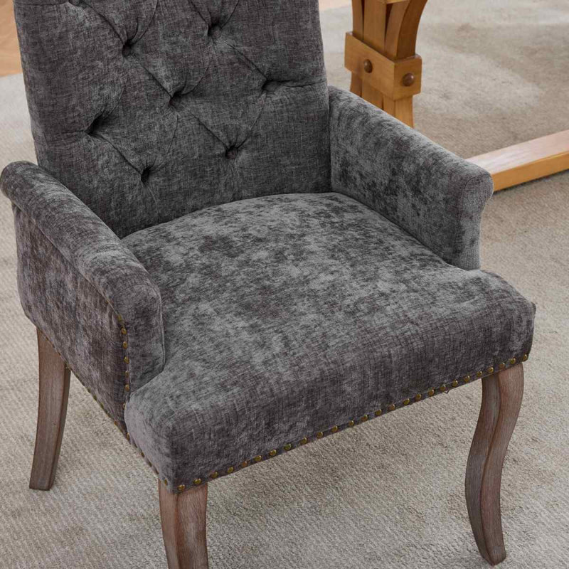 Upholstered Chenille Fabric Accent Dining Chair, Curved Solid Wood Legs, Elegant Tufted Club Dining Room Kitchen Room Arm Dining Chair, Single Pack