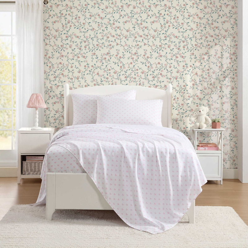 Laura Ashley Kids Cozy Printed Sheet Sets, Lovely Bows Pink, Twin Sheet Set with 1 Pillowcase