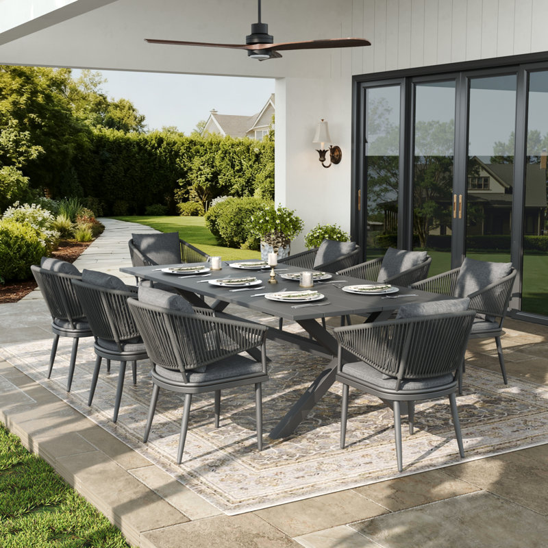 Rectangular Outdoor Dining Set With Cushions, Dark Grey/Grey, 8