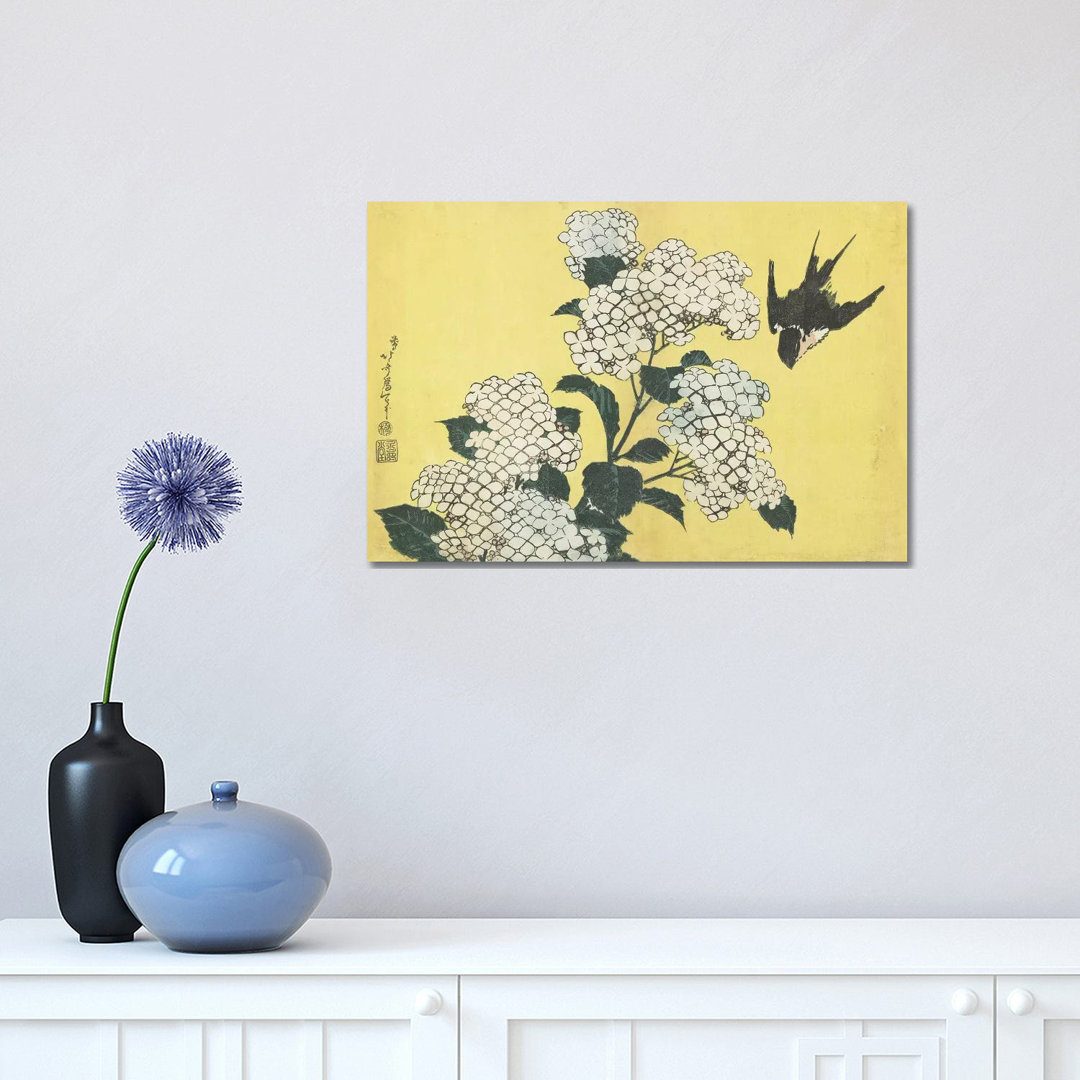 Hydrangea And Swallow, C by Katsushika Hokusai - Wrapped Canvas Print
