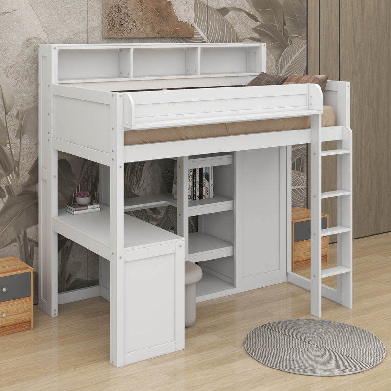Lit mezzanine simple avec tablettes et garde-robe, Blanc
