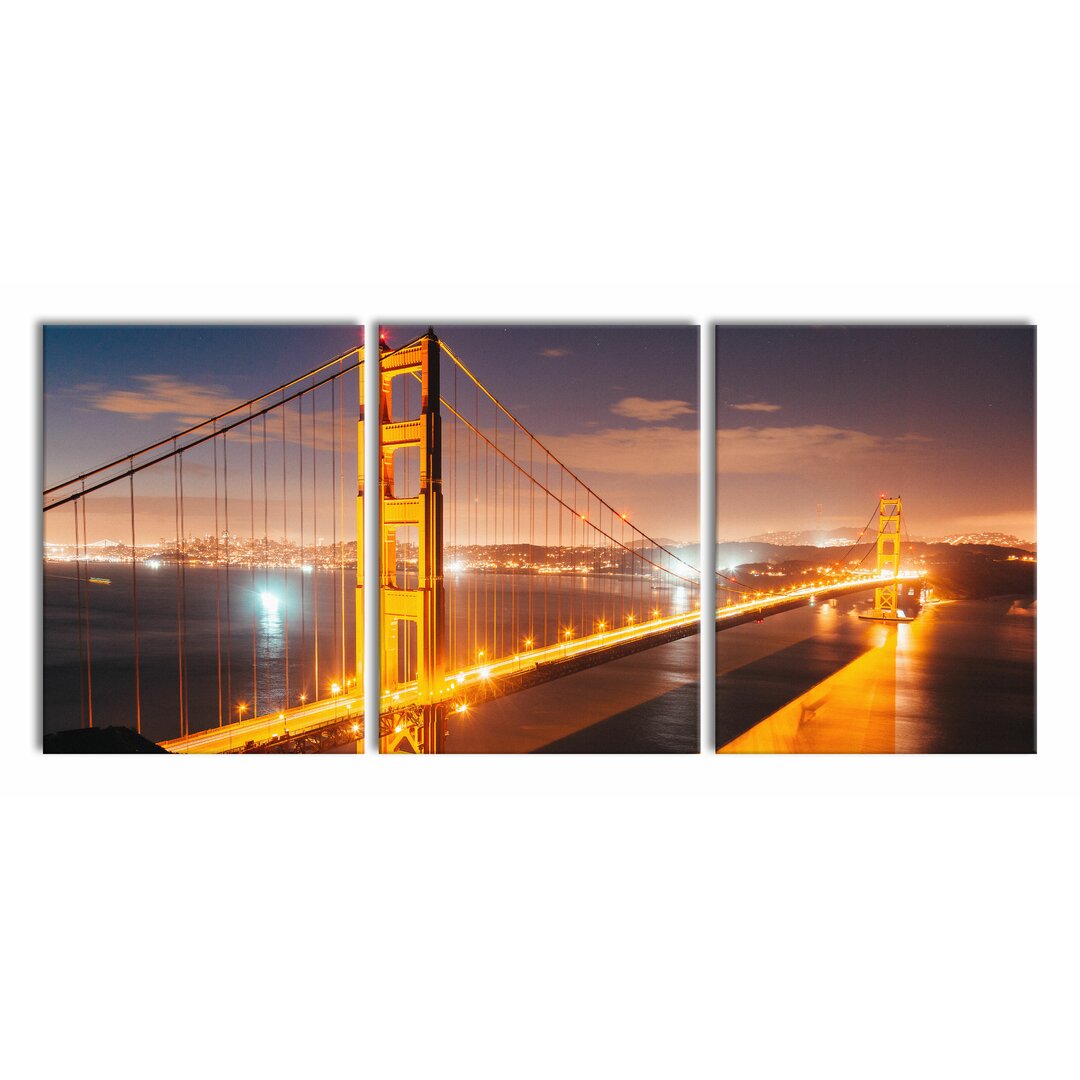 3-tlg. Leinwandbilder-Set Golden Gate Bridge bei Nacht in Gelb