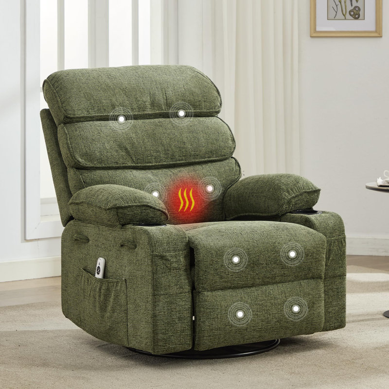 8-Point Massage Rocking Recliner Chair, 360° Swivel Glider with Lumbar Heating & Cup Holders, 400LBS, Green