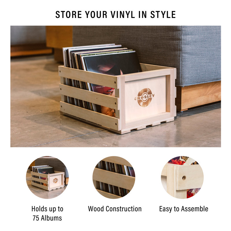 Caisse en bois massif pour rangement les disques, Naturel