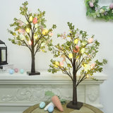 Easter Decoration Set Of 2 Lighted 24 Inch Artificial Tree With Easter Eggs & Colourful LED Lights, Light Up Tabletop Bonsai Tree For Table Home Holiday Spring Decor