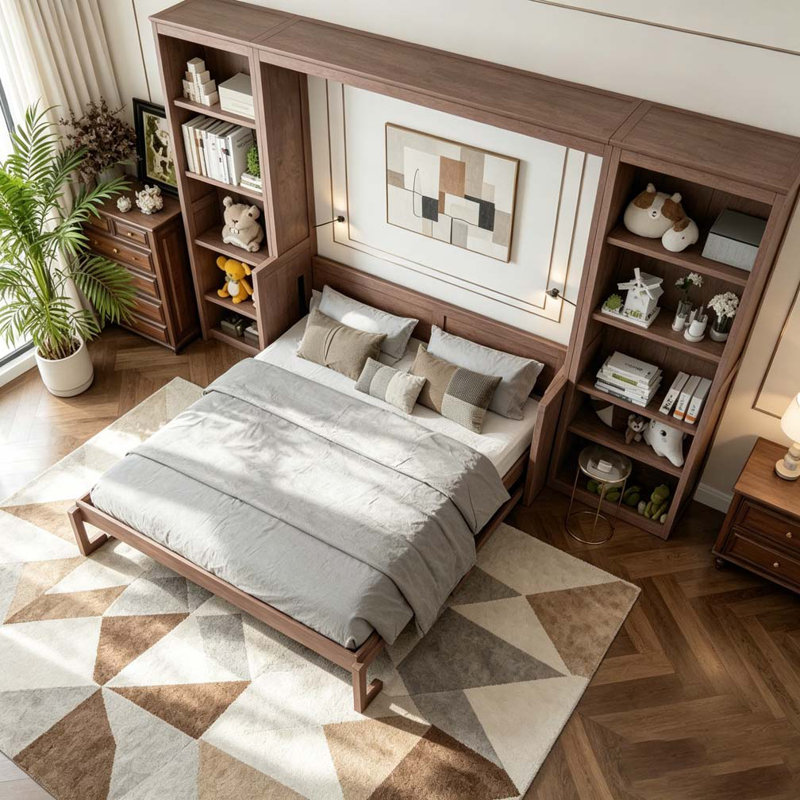Grand lit escamotable avec bureau et tablettes, Marron foncé
