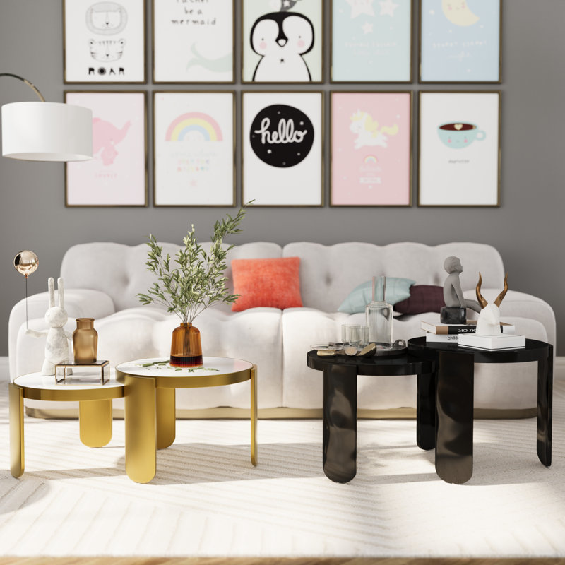 4-In-1 Gold Coffee Table, 4-Piece Round Luxury Nesting Coffee Table Set Of 4,Coffee Table For Living Room, Apartment, Office, Small Space, White/Black Glass Top