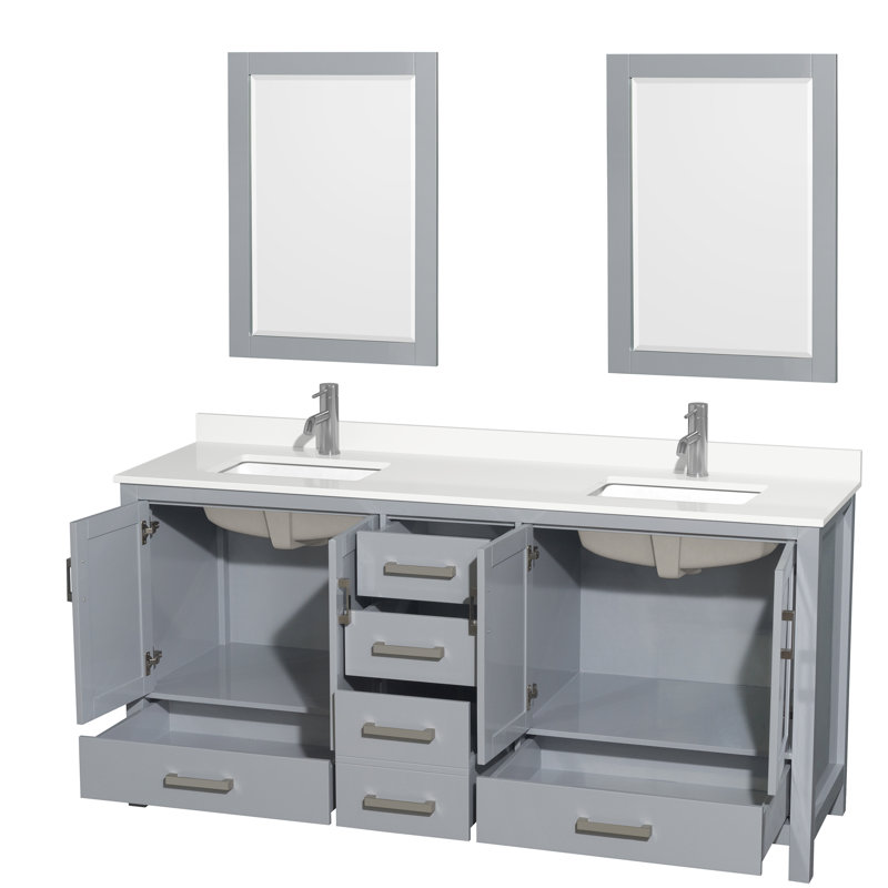 Sheffield 72" Freestanding Double Bathroom Vanity with Quartz Top with 24" Mirrors, White Quartz, Gray, 60"