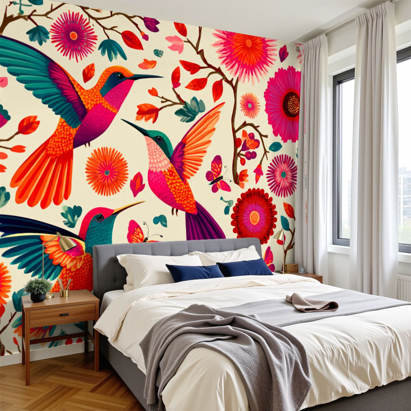 Peler et coller le papier peint mural, broderie Otomi mexicain sans soudure, coloré, traditionnel mexicain, art mural auto-adhésif et amovible
