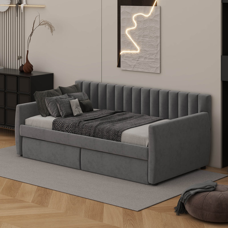 Lit de jour simple tapissier avec tiroirs, Gris