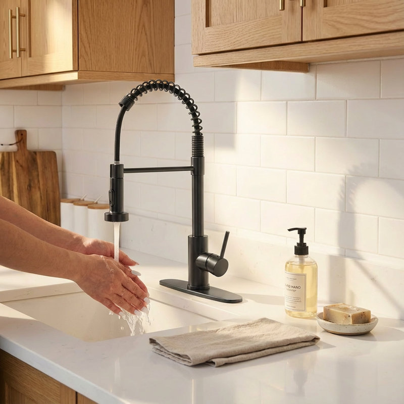 Industrial 1-Handle Spring Spout Kitchen Faucet With Pull Down Sprayer, Matte Black, Single Hole Deck Mount For Kitchen Bar Sinks
