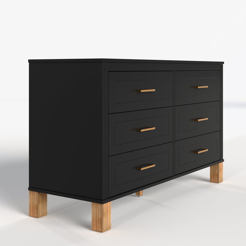 Armoire de rangement en bois à 6 tiroirs avec poignées en métal, Noir