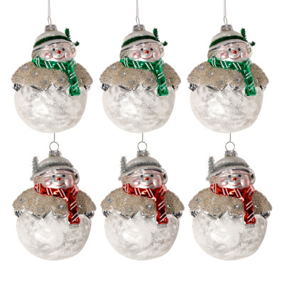 Holiday Glass Snowman Ornaments, 2 Assorted Designs, Set of 6