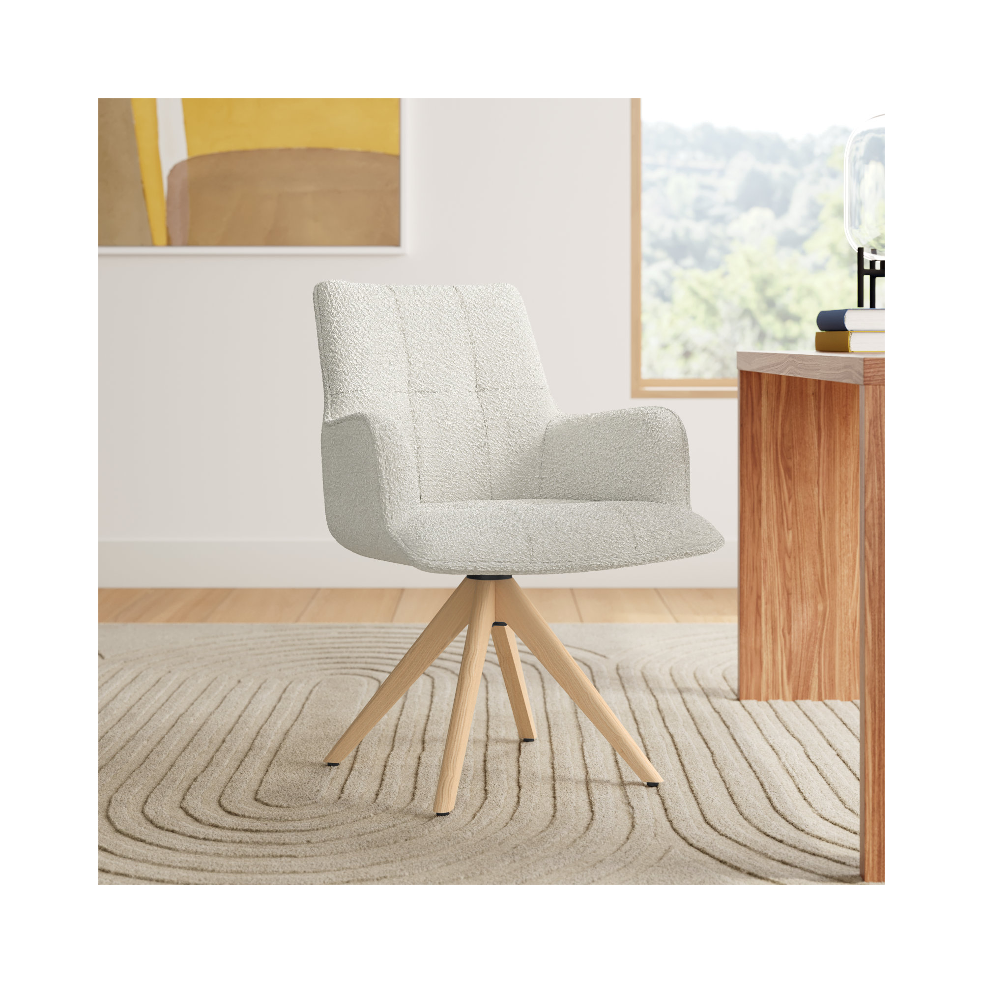Swivel Office Chair, White Boucle