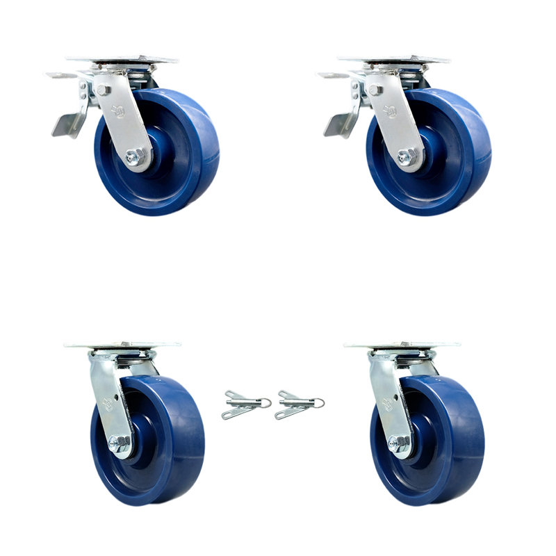 6 Inch Solid Polyurethane Caster Set with Roller Bearings 2 Brake 2 Swivel Lock