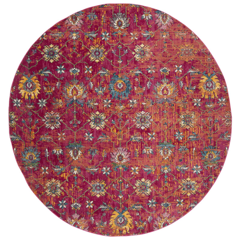 Tapis rouge / jaune / bleu en polypropylène tissé à la machine Southwestern, Rond 6 pi 7 po