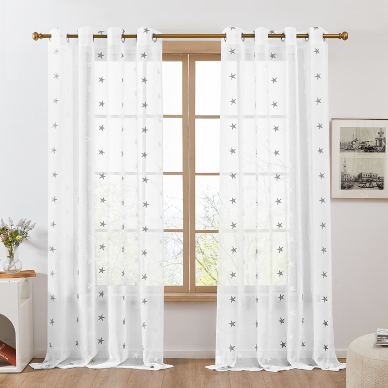 Embroidered Pentagram Light Filtering Sheer Curtains (Set of 2), Gray, 52" W x 96" L