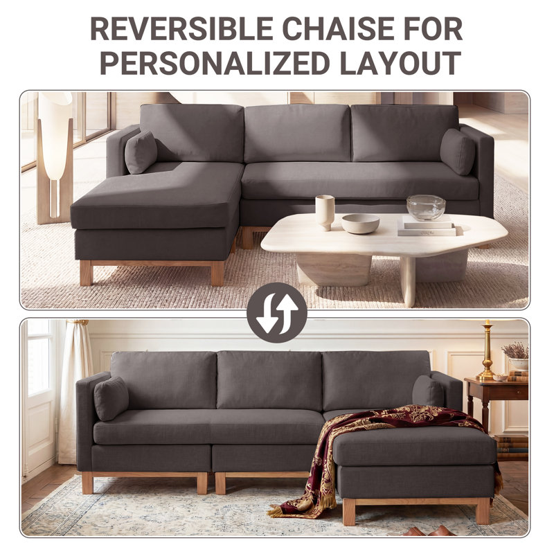 Mid-Century Boneless Modern L Shaped Couch With Reversible Chaise, Gray Velvet