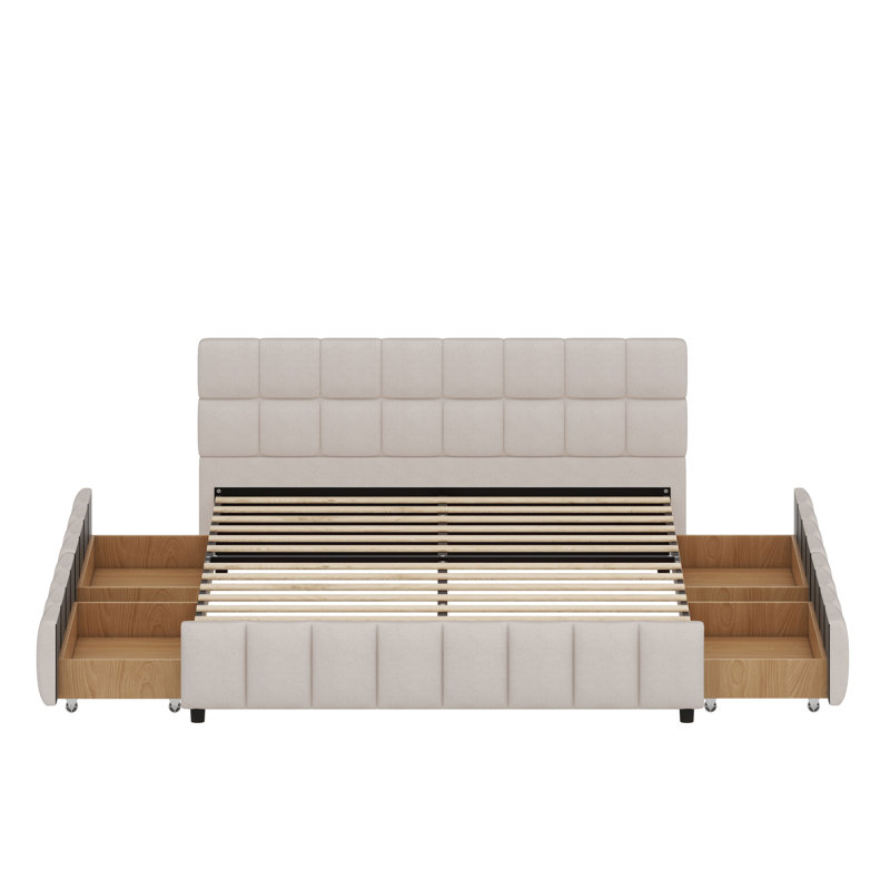 Structure de lit plateforme tapissier avec tiroirs de rangement et tête de lit matelassée à carreaux, Beige