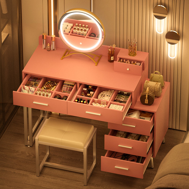 Grosmark Makeup Vanity Desk with Stool and LED Mirror, Pink/White