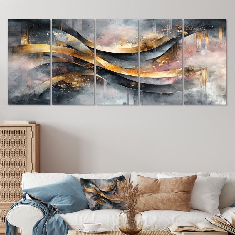 «Geometric Ink Pulse V» - Art mural abstrait en spirale - Art mural moderne sur toile, H 28 po x l 60 po, 5