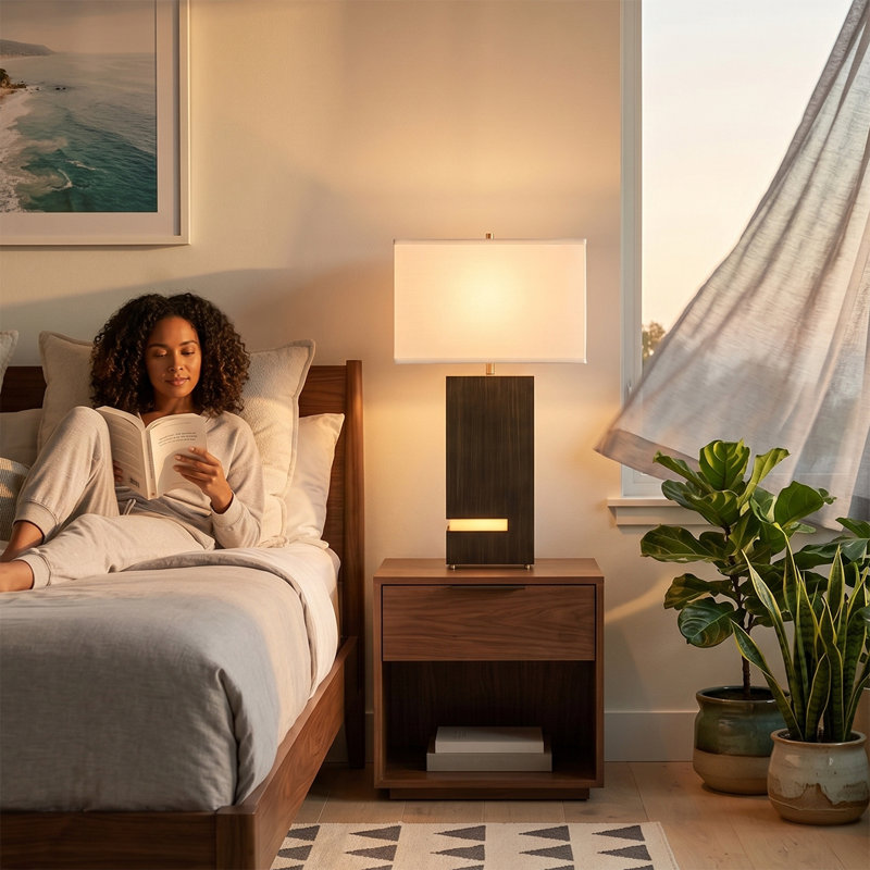 Standing Table Lamp with Night Light, White Linen Shade, Gilded Ebony Wood & Weathered Brass Accent, Modern Bedroom & Living Room Floor Accent Lamp