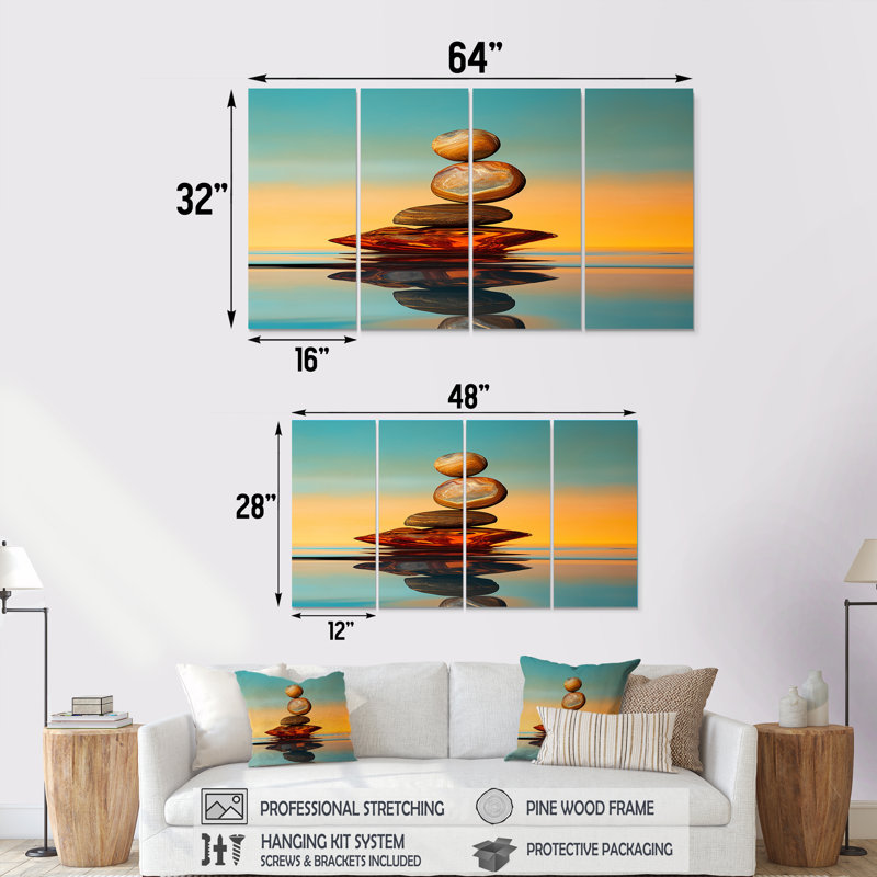 «Zen Stones Turquoise Sky Sunset Glow», art mural sur toile méditation 4 pièces, H 28 po x l 48 po