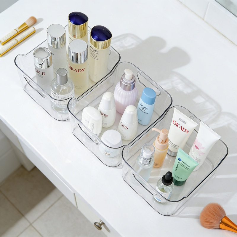 Paquet de 12 bacs de rangement en plastique transparent, organisateurs de garde-manger et bacs de rangement transparents avec poignée pour armoire de salle de bain