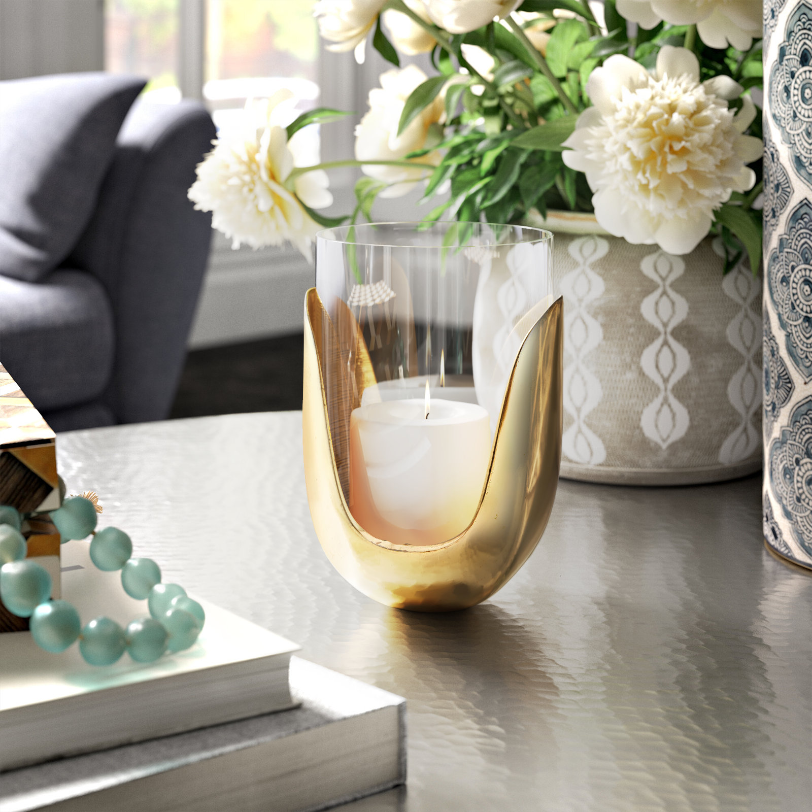 Glass Hurricane Candle Holder, Gold, 7" H x 5.5" W x 5.5" D