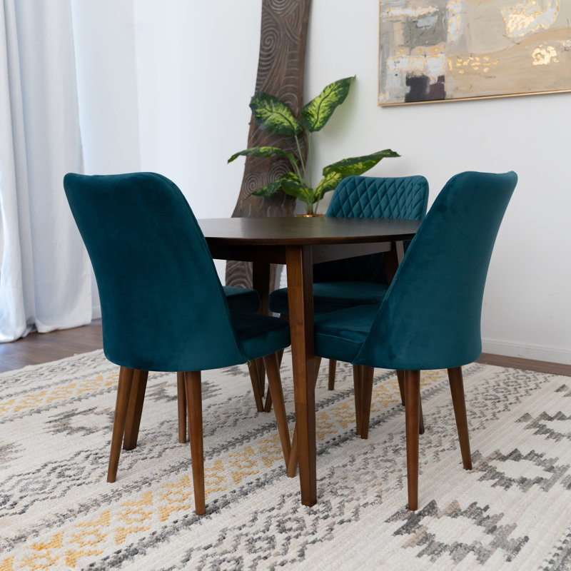 Gerga 4 - Person Solid Wood Round Dining Set with Velvet Upholstered Chairs, Teal
