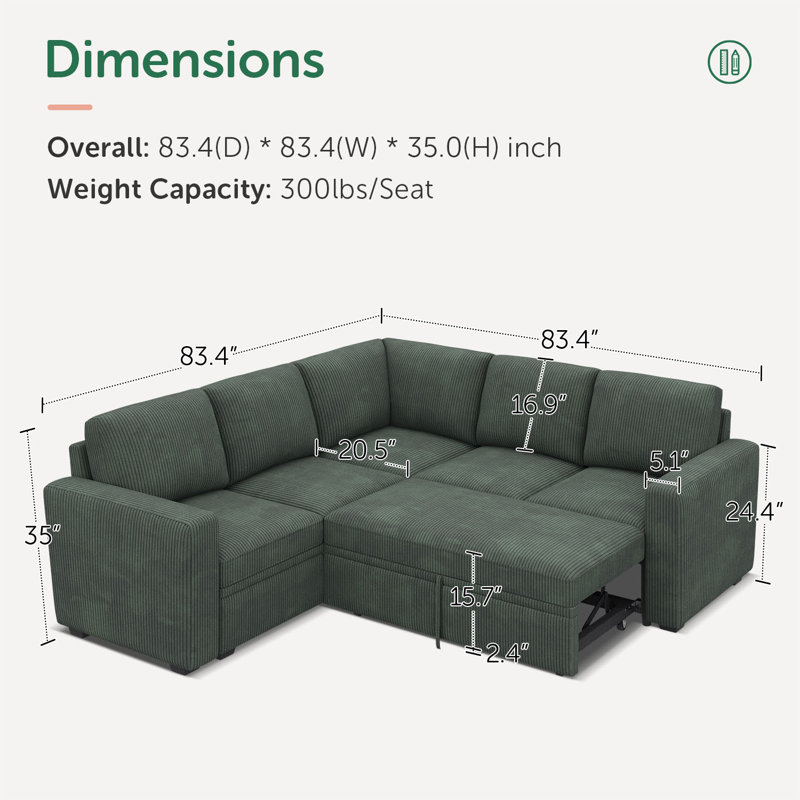 Hoelscher L-shaped Sleeper Sectional Upholstered Sofa Bed With Storage Space Green, Green Coduroy