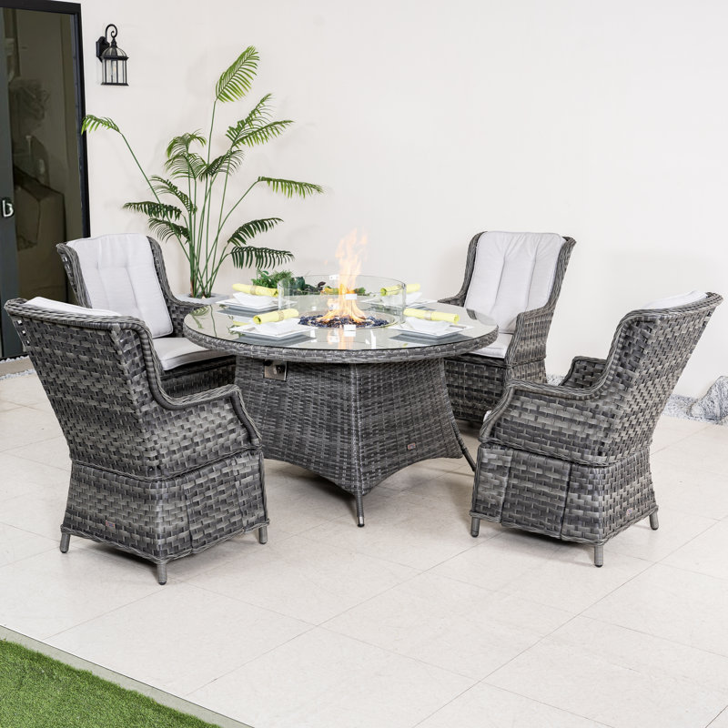 Ensemble repas pour 4 personnes en osier avec table ronde, coussins inclus, Coussin blanc / cadre gris