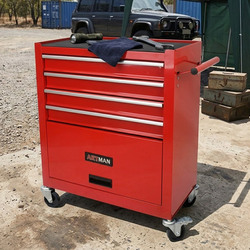 Commode rabattable en acier à 4 tiroirs avec roulettes de 24,41 po pour usage domestique et commercial, Rouge