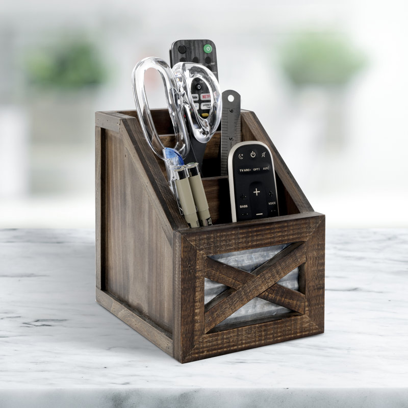 Rustic Brown Wood and Galvanized Metal Remote Control Holder