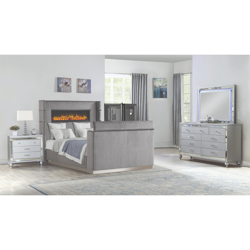 Ensemble de chambre à coucher 4 pièces Limann, Gris/argent, Queen