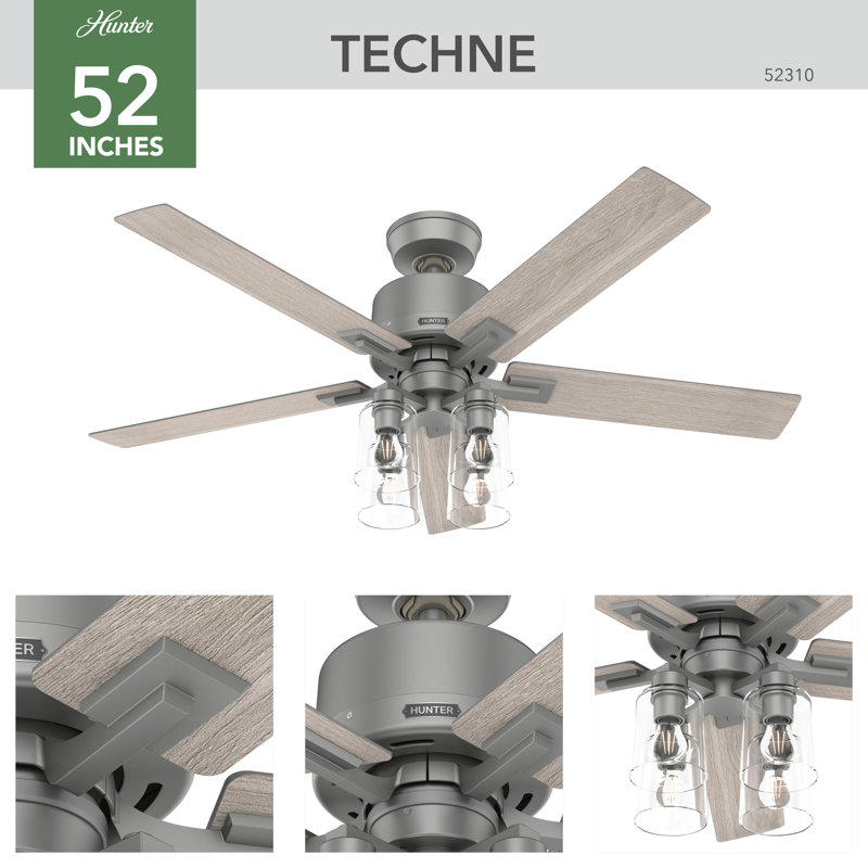 52" Techne 5 - Blade Ceiling Fan with LED Light Kit, Remote Control, WiFi Smart Fan, Easy Install, Matte Silver