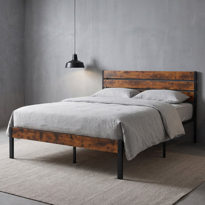 Full Rustic Brown Industrial Steel Platform Bed Frame with Wood Headboard and Footboard, Underbed Storage